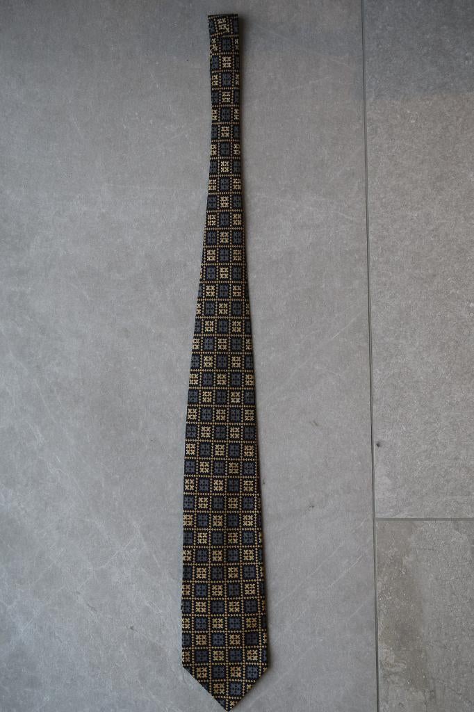 Zijden stropdas blauw goudgeel grijs Gewoven kruisjes zgan, Ophalen of Verzenden, Zo goed als nieuw, Blauw, Met patroon