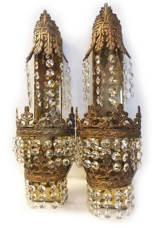 2 st. Brocante kristallen wandlampen barok messing