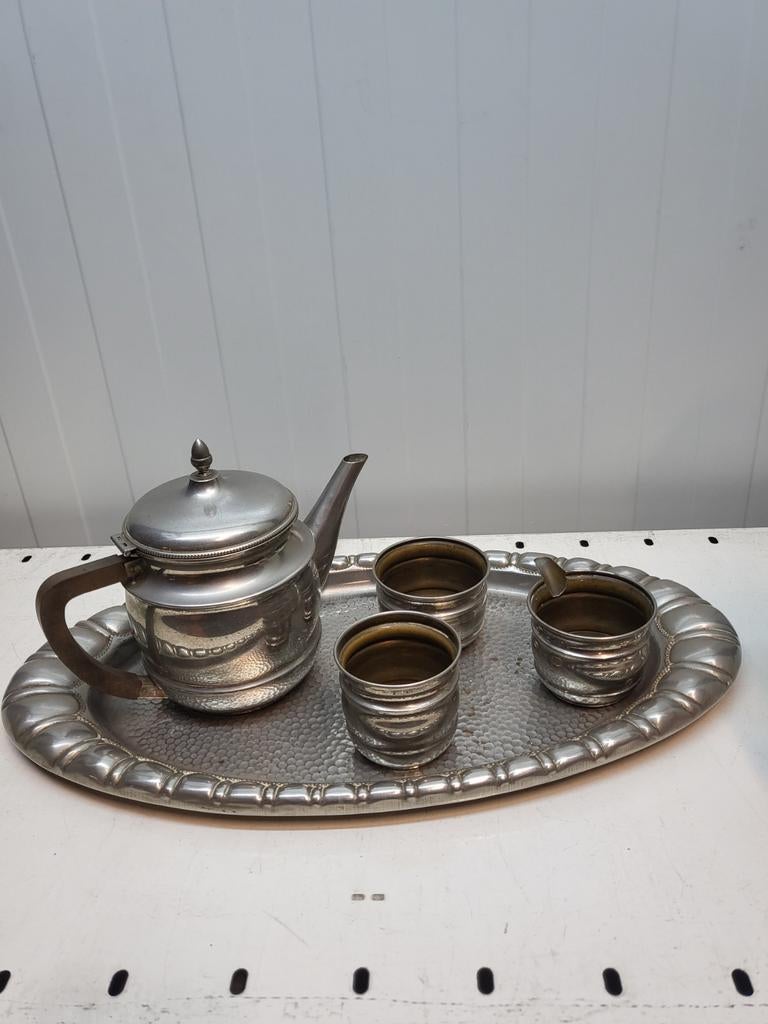 Vintage tinnen theeservies met dienblad, Antiek en Kunst, Antiek | Tin, Ophalen of Verzenden