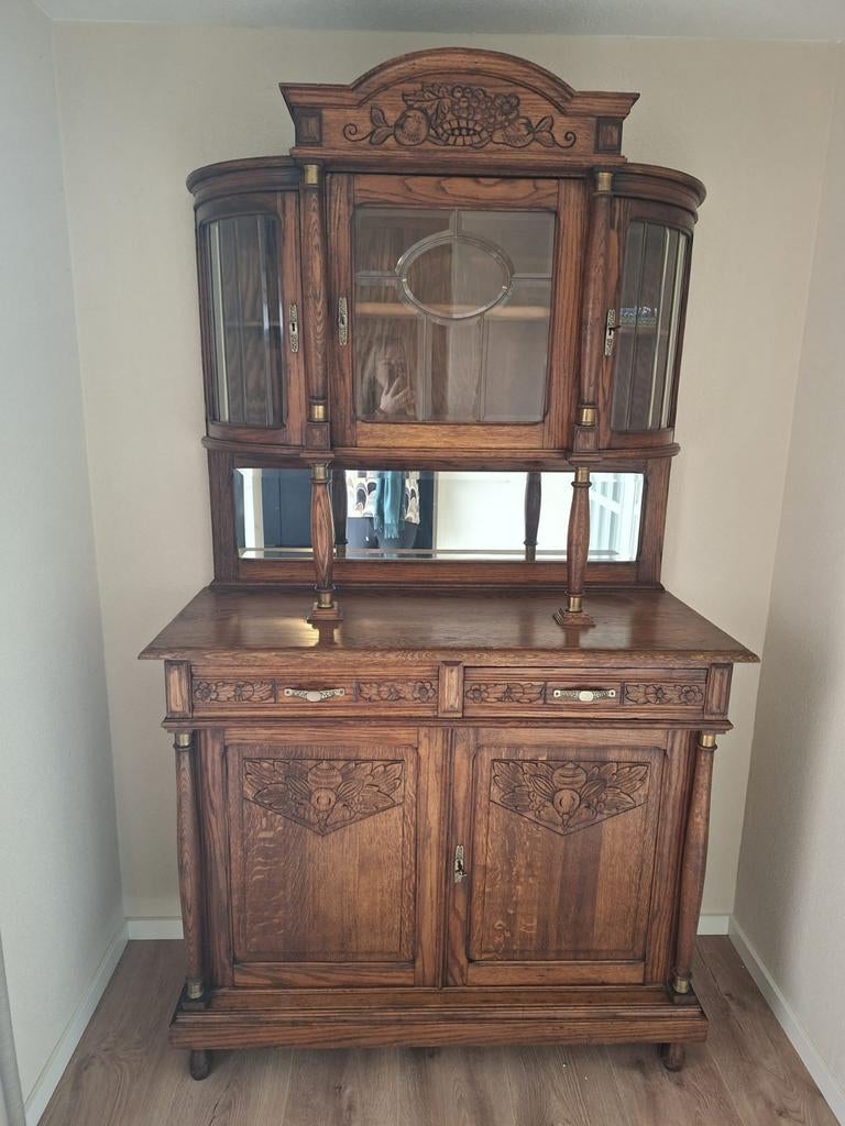 Antiek Eiken Dressoir met Vitrinekast en Spiegel, Ophalen