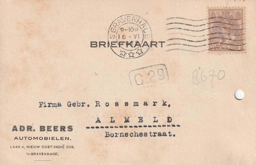 Briefkaart 's - Gravenhage Automobielbedrijf Beers 1922., Verzenden, Briefkaart