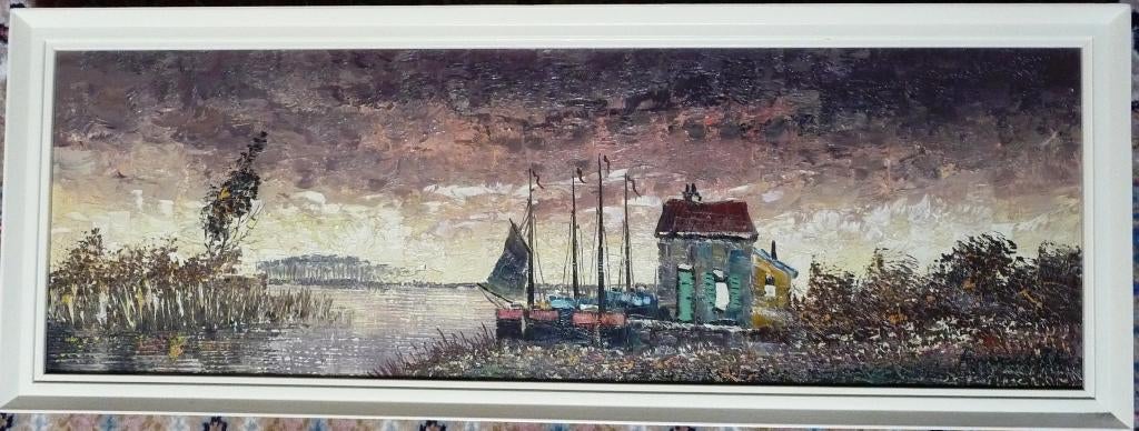 Boothuis aan het meer ~1960 - gesigneerd - doek - gelijst, Antiek en Kunst, Ophalen