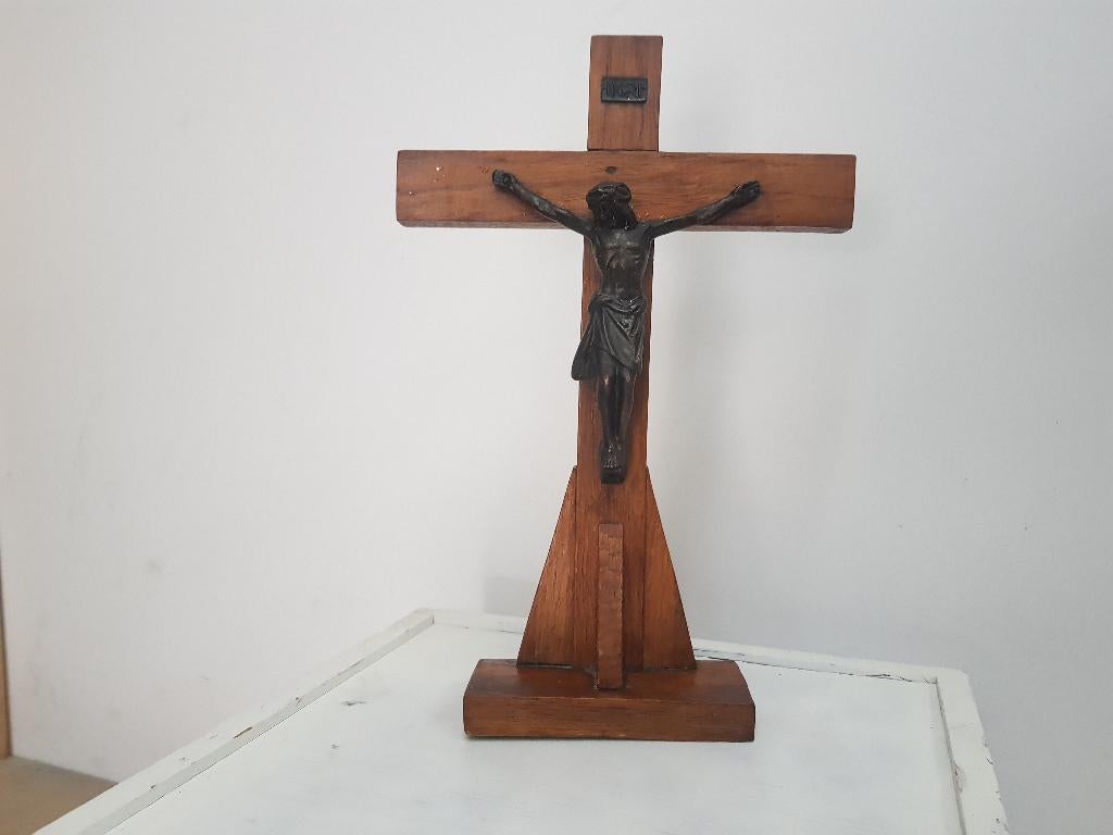 antieke houten staande kruis met crucifix, Antiek en Kunst, Antiek | Religie, Ophalen of Verzenden