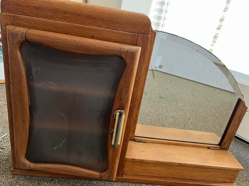 Vintage houten wandkastje met spiegel, Ophalen, 25 tot 50 cm, Minder dan 150 cm, Minder dan 100 cm