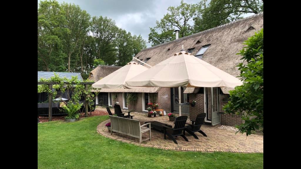2 dubbele horeca parasols, Ophalen, Gebruikt, Meer dan 4 meter, Overige typen