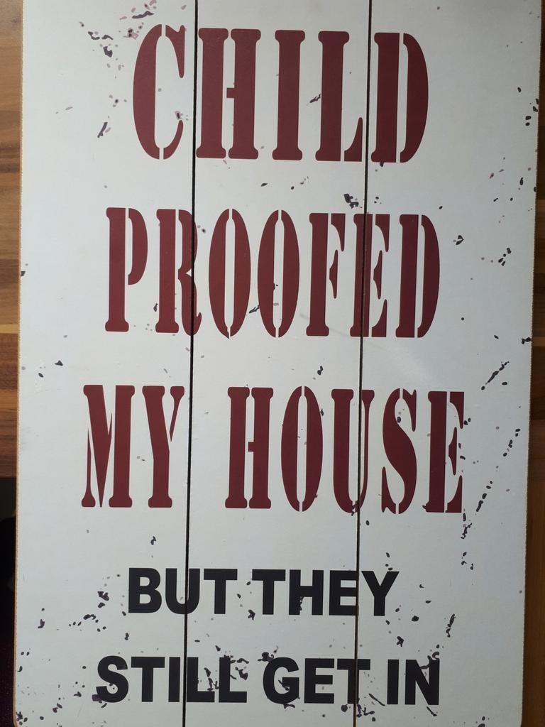 Wandbord hout: Child proofed my house but they still get in, Ophalen