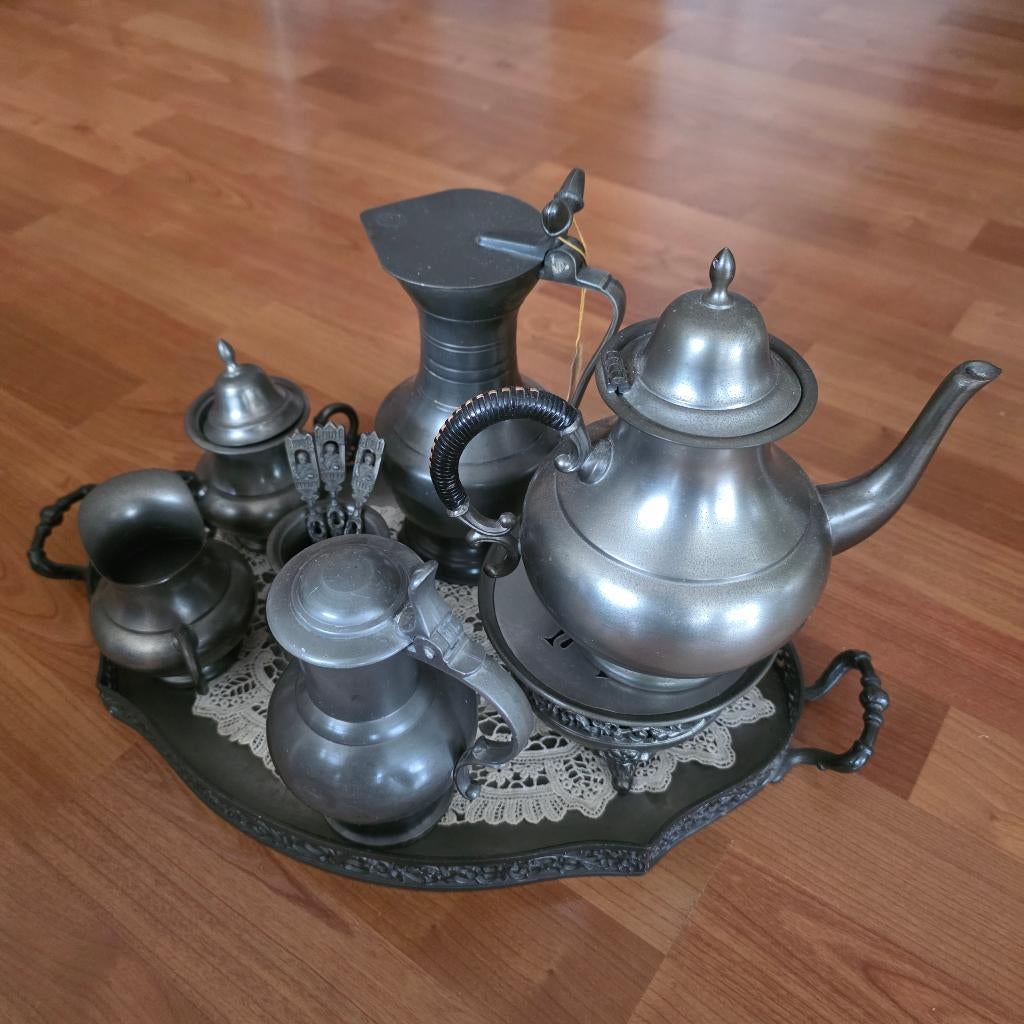 Antiek tinnen E. Kurz Royal Holland servies 8-delig - pewter, Ophalen of Verzenden