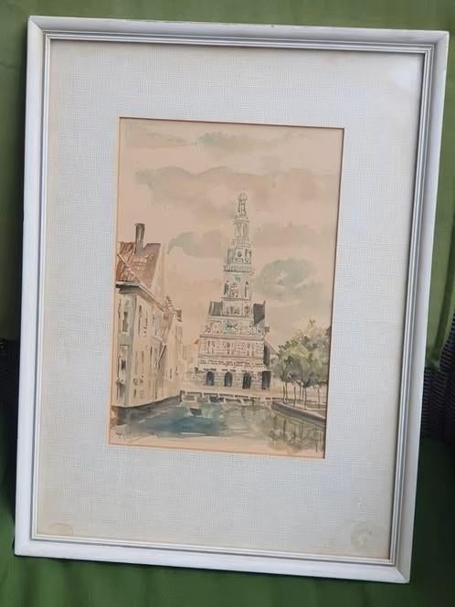 aquarel Alkmaar de Waag gesigneerd maar onduidelijk, Antiek en Kunst, Kunst | Schilderijen | Klassiek, Ophalen