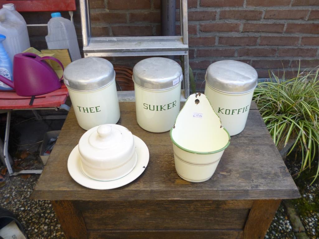 antiek emaille creme met bies en grijsgewolkt, Ophalen of Verzenden