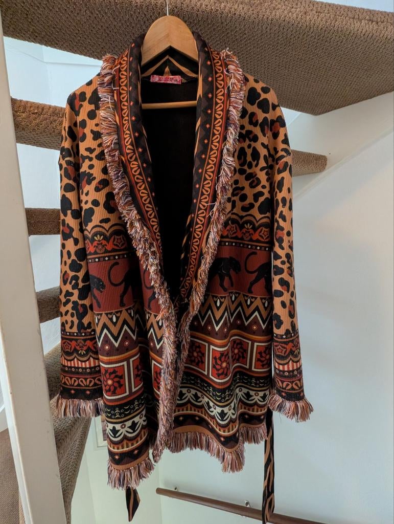 Tussendoor jasje met panterprint en franjes - 101 Idees, Kleding | Dames, Bruin, Maat 42/44 (L), Ophalen of Verzenden, Zo goed als nieuw