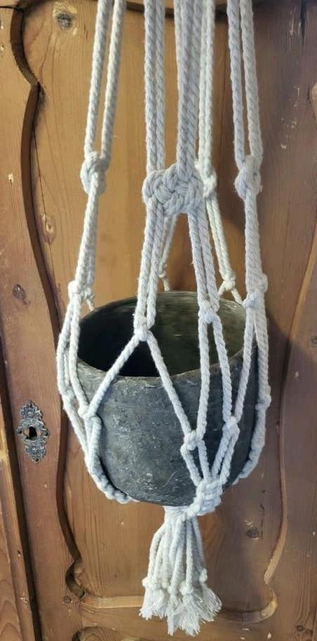 Macramé plantenhanger met pot, 25 tot 40 cm, Overige materialen, Gebruikt, Rond