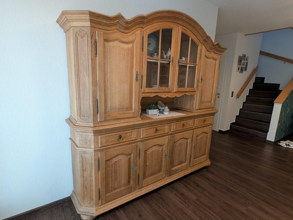 Eiken buffetkast vitrinekast m. verlichting landelijke stijl, Ophalen, 25 tot 50 cm, Eikenhout, 200 cm of meer