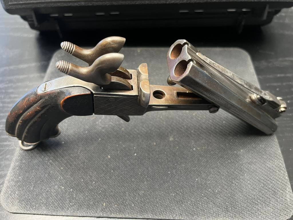 Antiek dubbelloops Penvuur Pistool met Banjonet, Ophalen