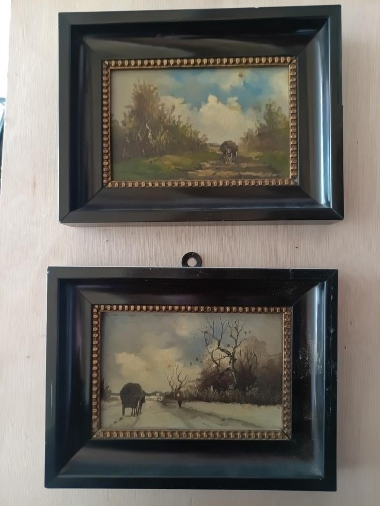 Set van 2 Antieke Landschapsschilderijen in Lijst, Ophalen of Verzenden