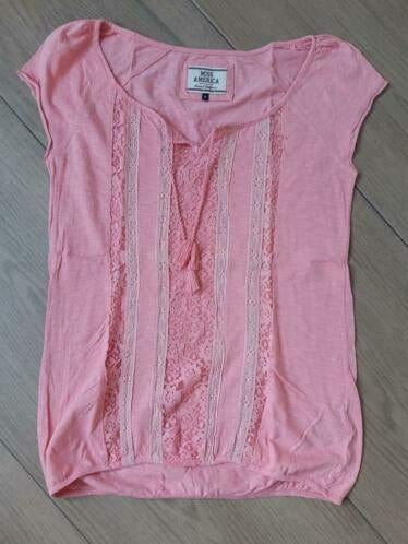 N15 Roze shirt met leuke details MISS AMERICA maat S, Ophalen of Verzenden, Zo goed als nieuw, Miss America, Korte mouw