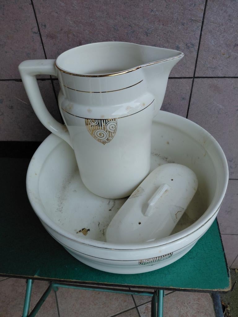 Antieke waskom en kan set met deksel, Antiek en Kunst, Ophalen of Verzenden