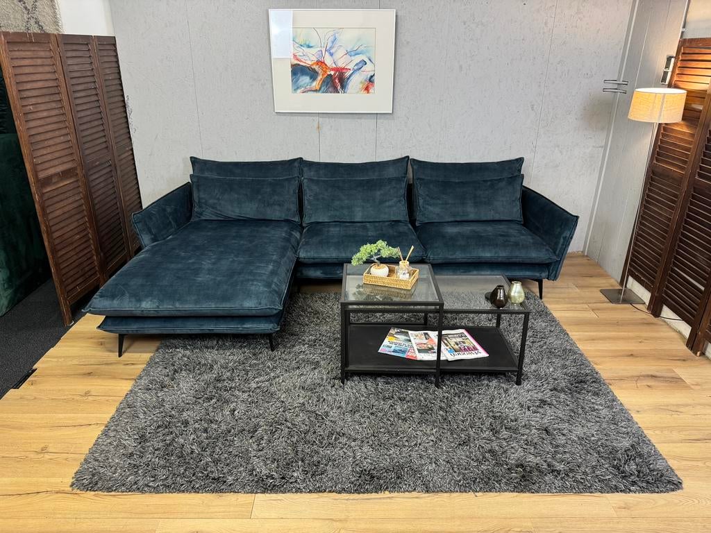 Nachtblauwe “Feel - Elin”  Velvet Loungebank- Gratis Bezorgd, Hoekbank, Ophalen of Verzenden, Zo goed als nieuw, Noordkade 68A
