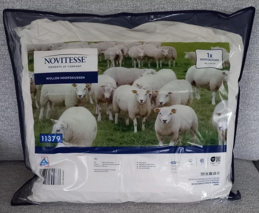 Hoofdkussen van wol en tijk van katoen, Huis en Inrichting, Slaapkamer | Beddengoed, Eenpersoons, Wit, Nieuw, Ophalen of Verzenden