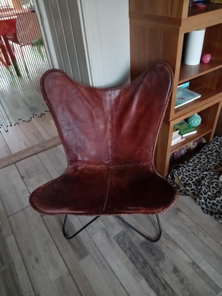 Leren vlinderstoel, Ophalen, Gebruikt, Bruin, Vintage