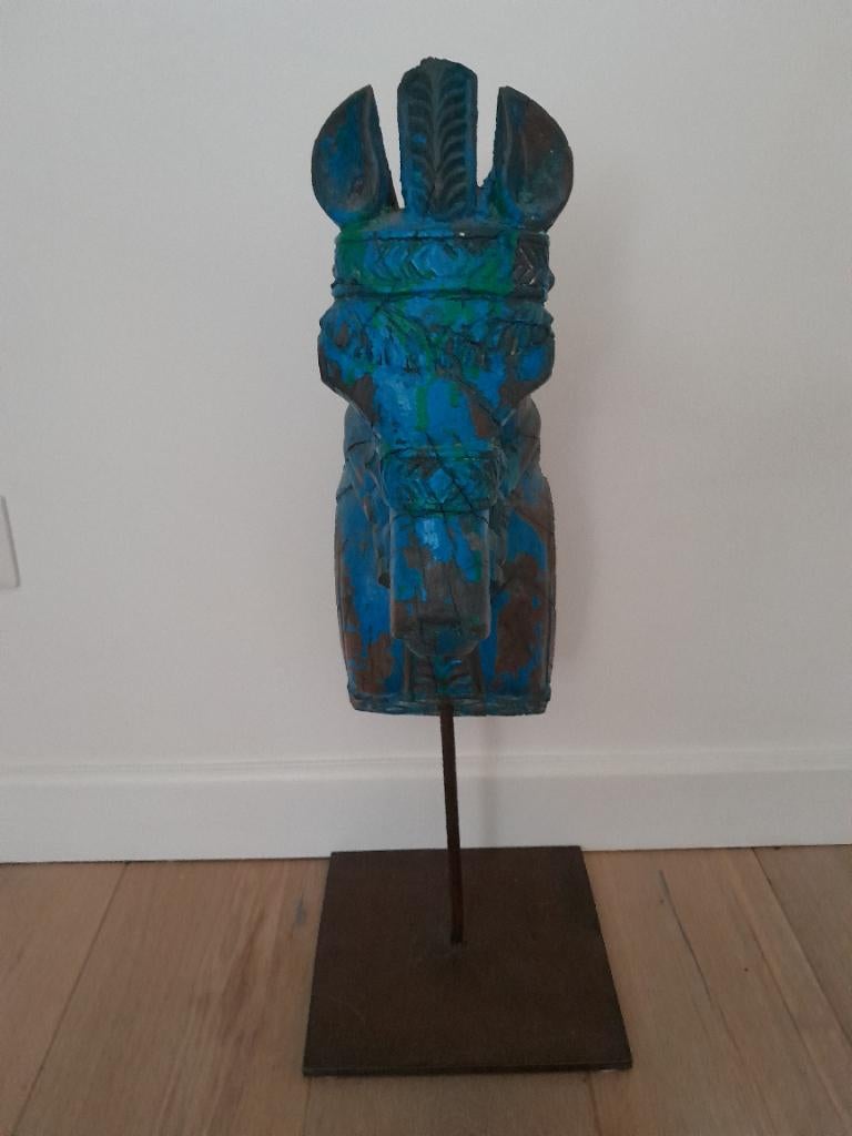 Antiek houten Tempelfragment origineel blauw kunst, Antiek en Kunst, Kunst | Niet-Westerse kunst, Ophalen of Verzenden