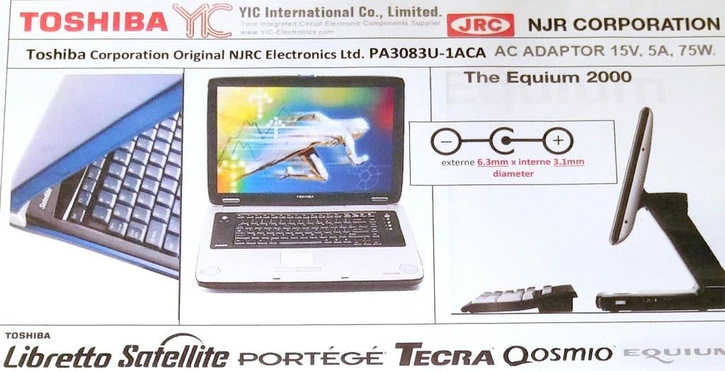 Toshiba JRC PA3083U-1ACA 15V 5A 75W Adapter Lader 6.3x3.0mm, Ophalen of Verzenden, Zo goed als nieuw, Original Retro model