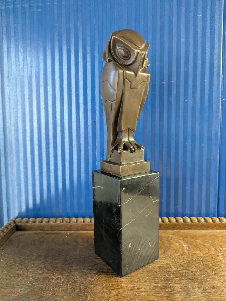 Bronzen Art Deco Uil op Marmeren Voet, Ophalen of Verzenden