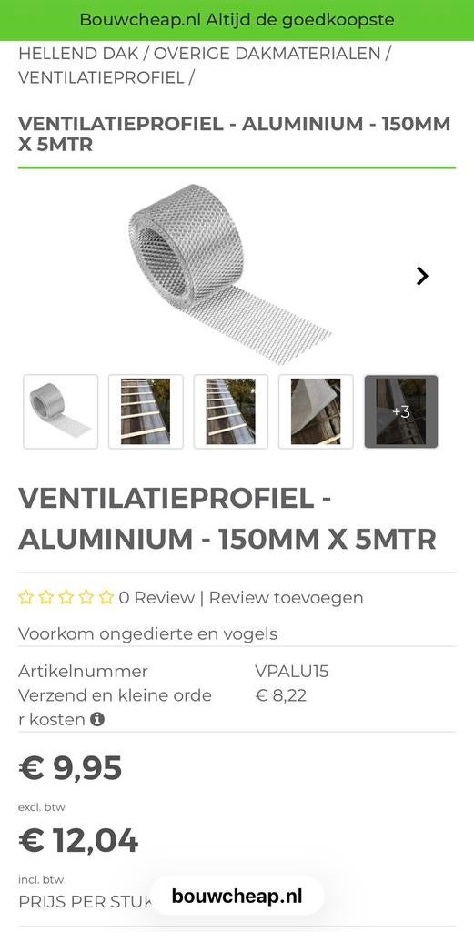 Ventilatieprofiel gaas aluminium op rol., Ophalen of Verzenden, Nieuw, Ventilator en Afzuiger