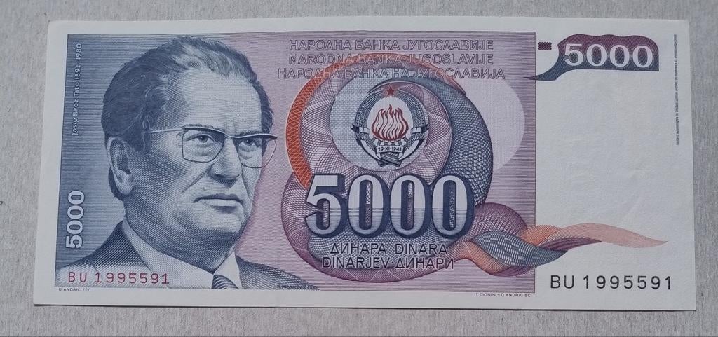 Joegoslavië 5000 Dinara Biljet, Tito, Postzegels en Munten, Ophalen of Verzenden, Joegoslavië, Los biljet
