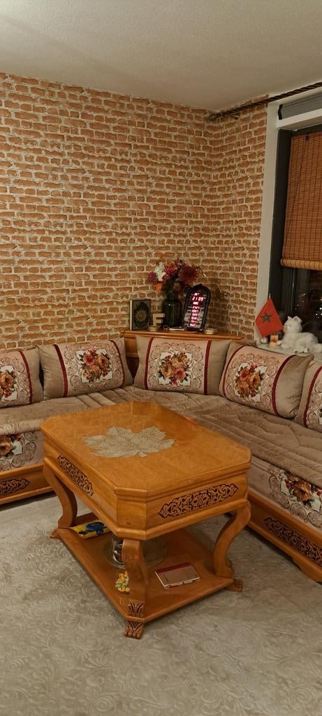 Marokkaanse Sedari Hoekbank met Tafel en Kussens, Ophalen of Verzenden, Gebruikt, Stof, Marokkaans