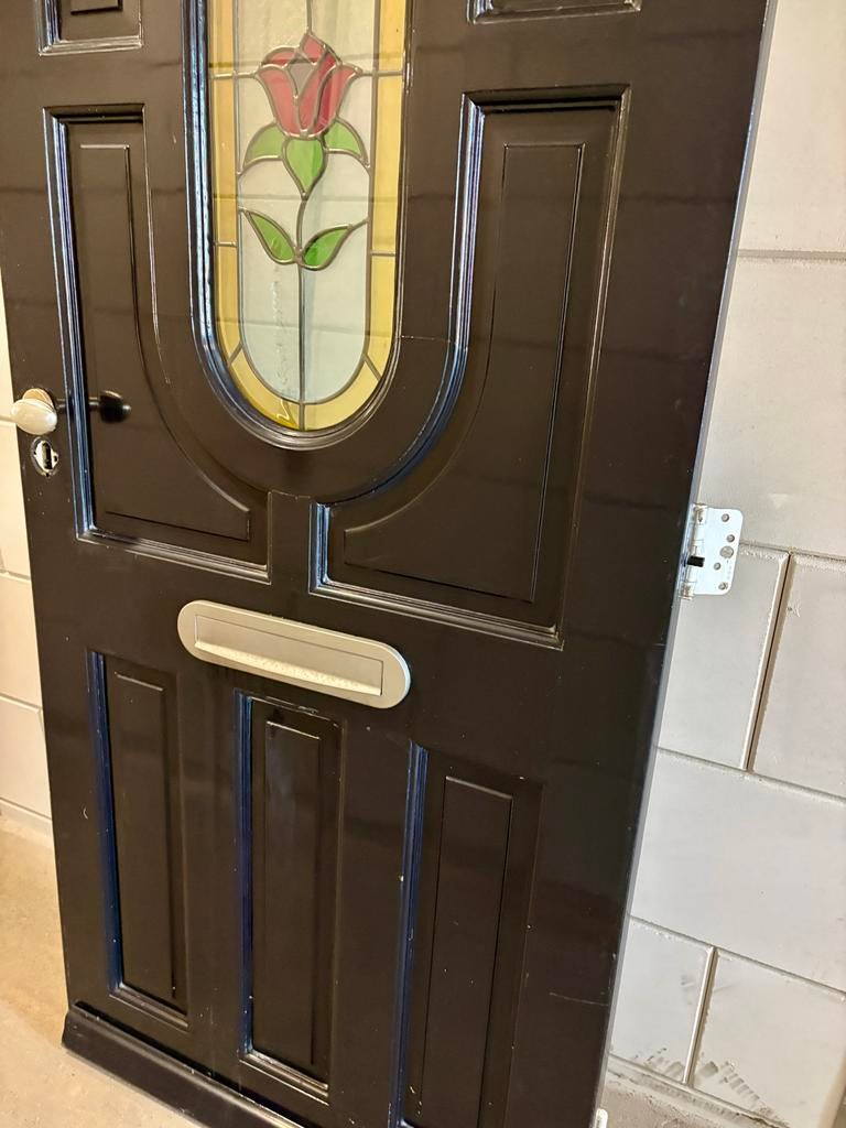 Hardhouten VOORDEUR  met glas-in-lood raam, Ophalen, Gebruikt, 80 tot 100 cm, Buitendeur