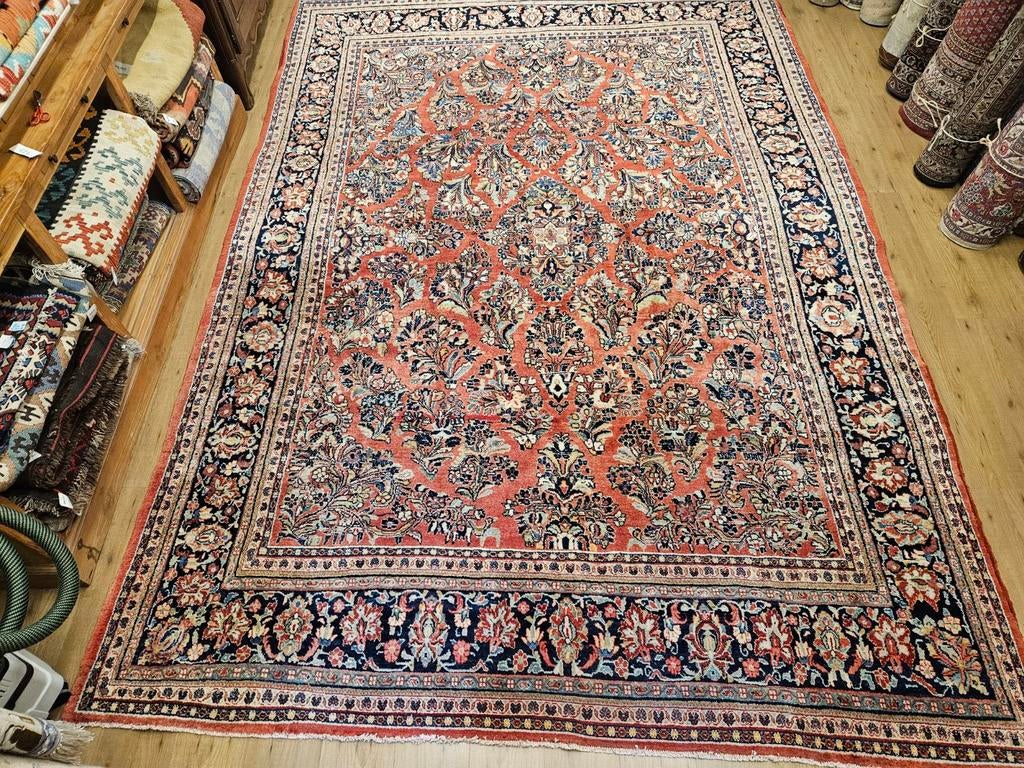 Vintage handgeknoopt perzisch tapijt sarough 380x262, Info@SlatsAntiek.nl, Perzisch, 200 cm of meer, Ophalen of Verzenden