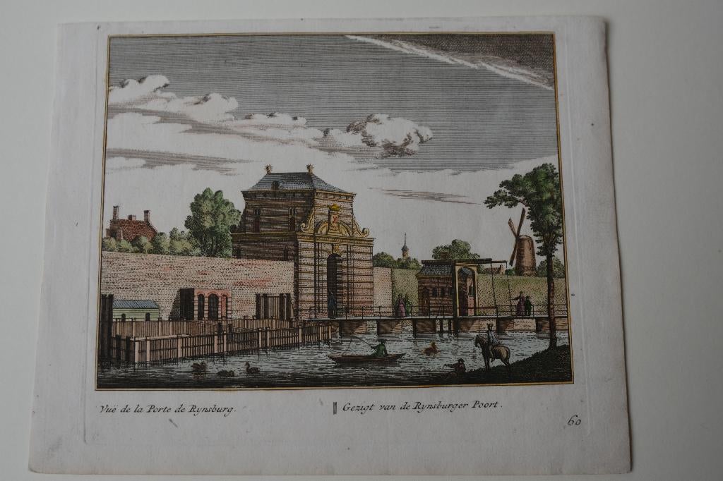LEIDEN Kopergravure RIJNSBURGER-POORT 1731 A. Rademaker E15, Antiek en Kunst, Verzenden, Stadsgezicht, Handgekleurd, Gravure
