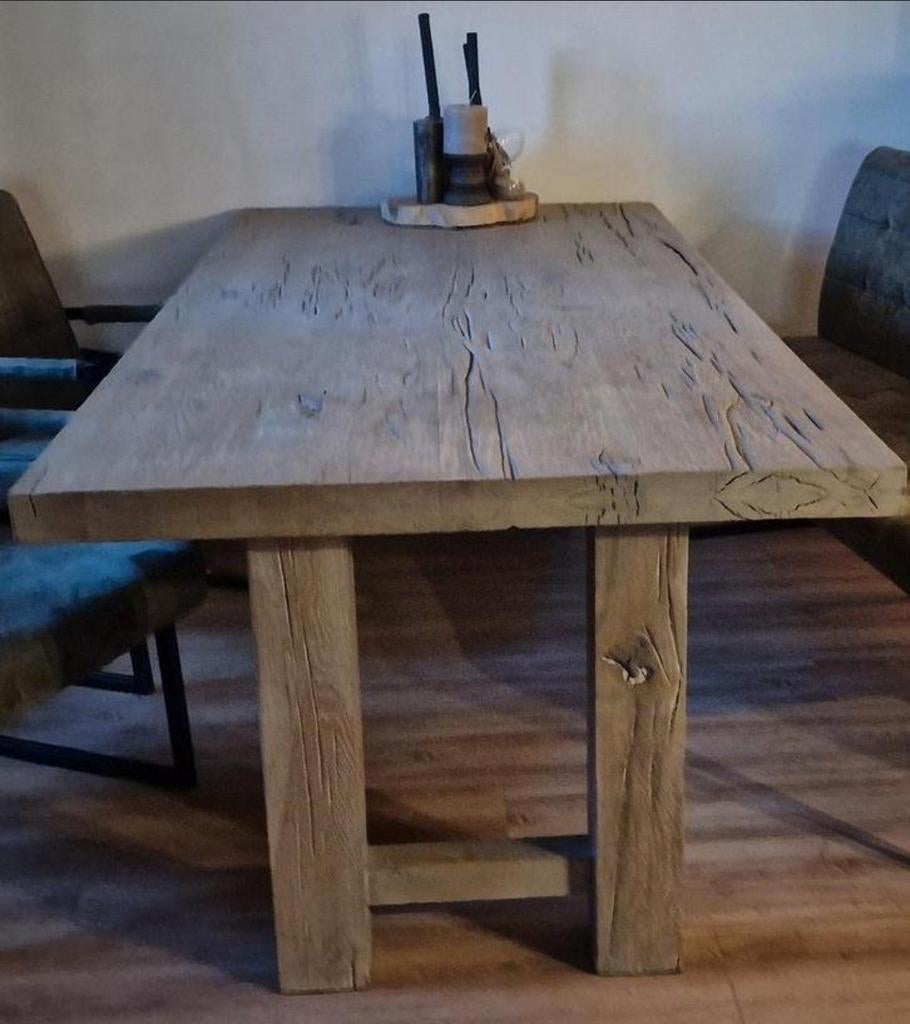 Robuuste massief eiken eettafel 2.20 x 1mtr kloostertafel, 200 cm of meer, Zo goed als nieuw, Rechthoekig, 50 tot 100 cm