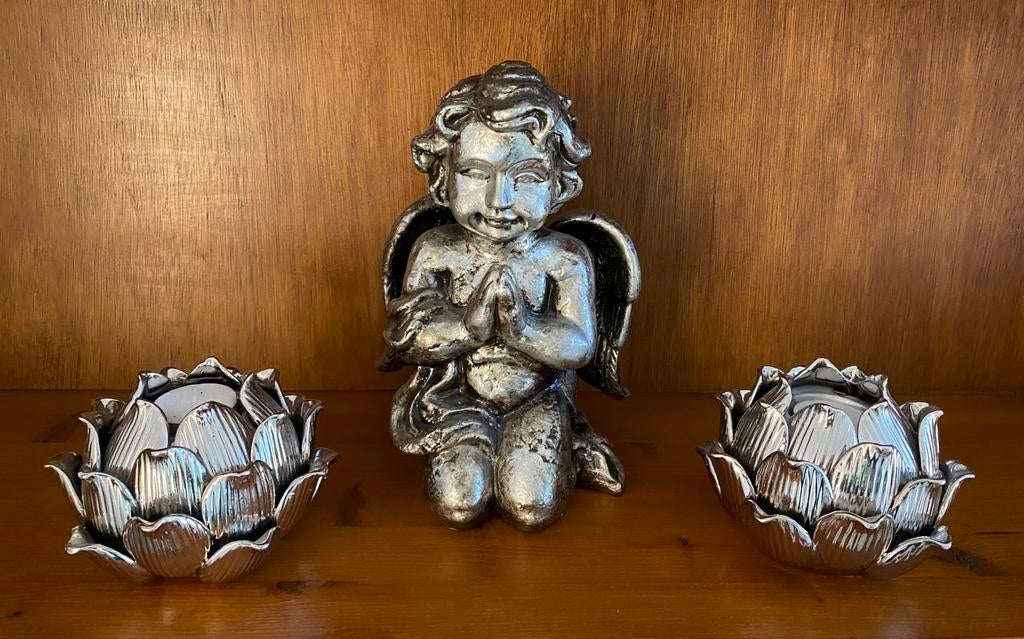 Zilverkleurige engel - waxinelichthouder, Ophalen of Verzenden, Zo goed als nieuw, Kandelaar