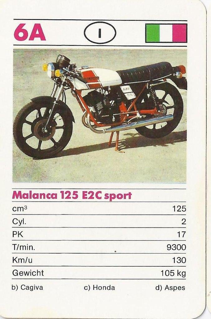 F62 motorkaartje 6a malanca 125 e2c sport, Ophalen of Verzenden, Zo goed als nieuw, Auto's