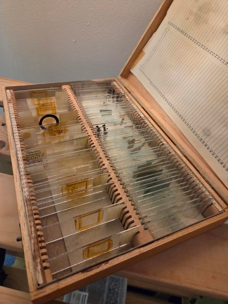 Vintage retro microscopische preparaten glaasjes, Ophalen, Huis en Inrichting