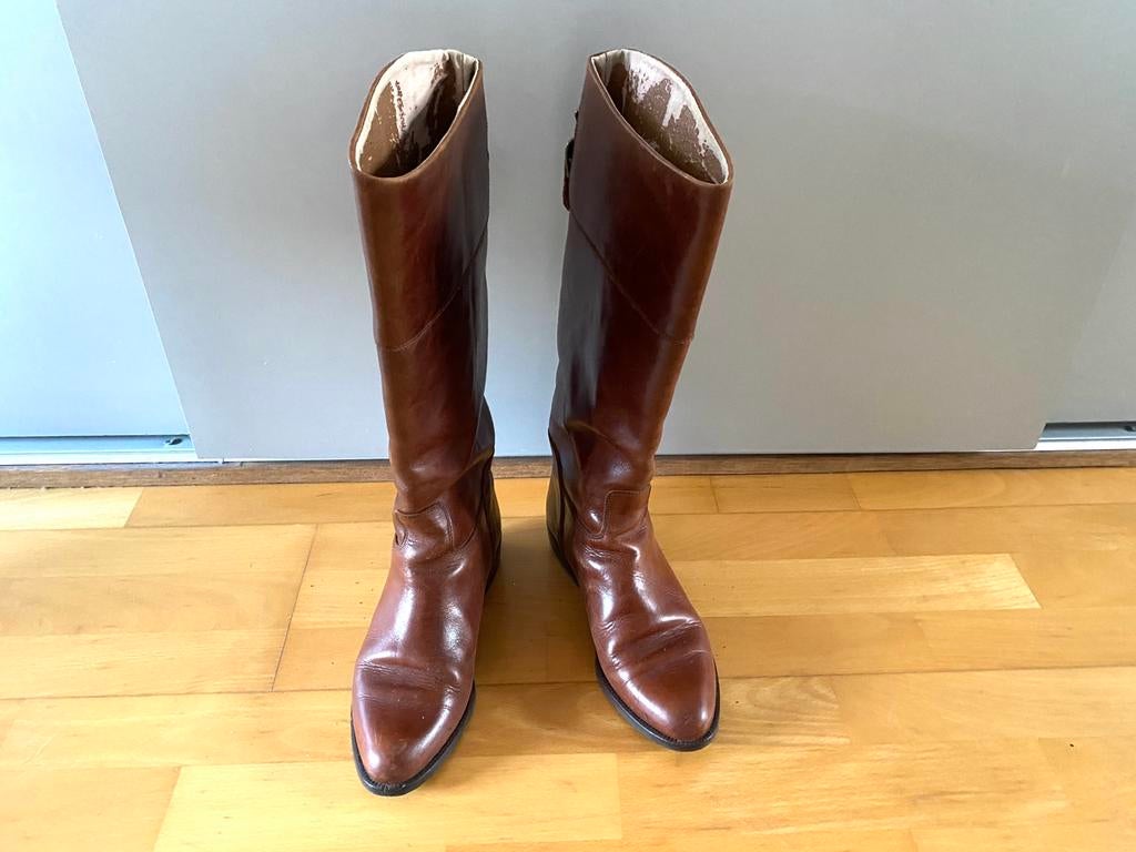 Leren laarzen 37 met bronzen versiering, Hoge laarzen, Bruin, Ophalen of Verzenden, Gedragen