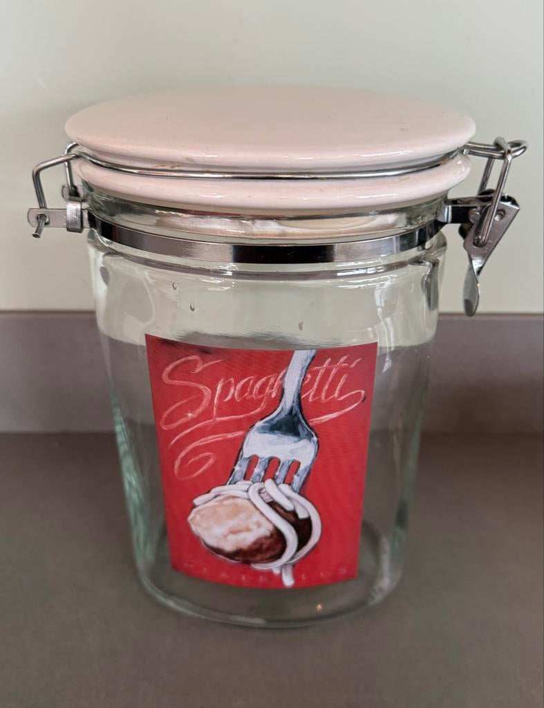 Luchtdichte Glazen Pasta Pot met Beugel en Spaghetti Opdruk, Ophalen of Verzenden, Zo goed als nieuw