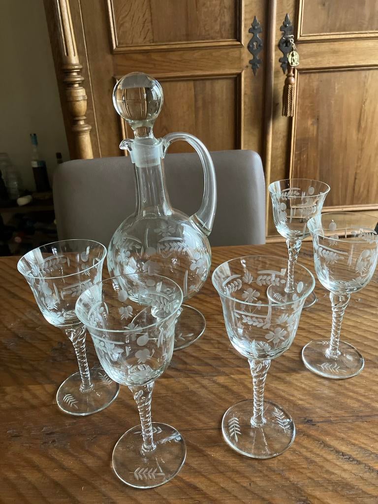 Vintage Glazen Karaf met 5 Wijnglazen - Bloemmotief, Ophalen