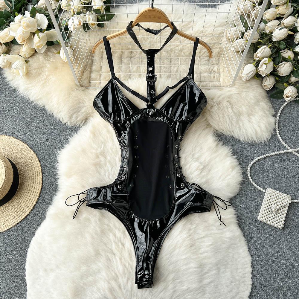 Zwarte lak leren dames romper met touwen / bodysuit wetlook, Kleding | Dames, Ondergoed en Lingerie, Verzenden, Zwart, Body of Korset