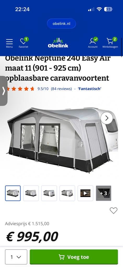 Obelink neptune easy air 240, Caravans en Kamperen, Ophalen, Nieuw