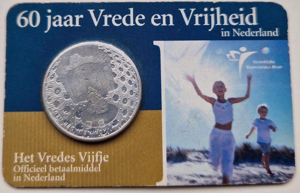 Het Vredes vijfje "60 Vrede en vrijheid" 2005 UNC coincard, Koningin Beatrix, Zilver, Euro's, Ophalen of Verzenden