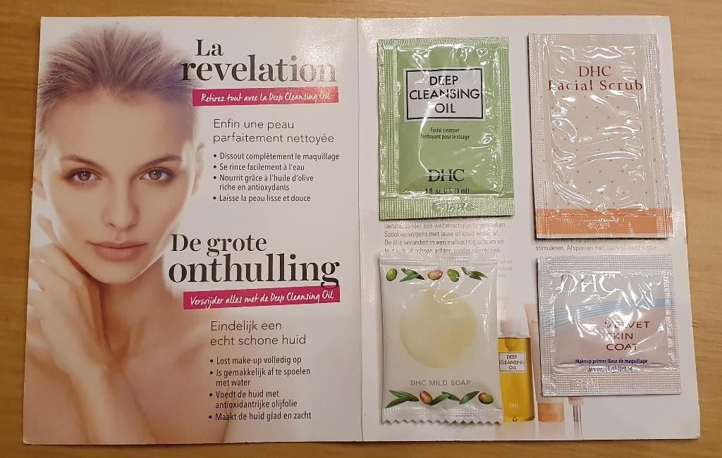 DHC setje oil, scrub, soap, velvet skin coat nieuw, Ophalen of Verzenden, Nieuw, Gehele gezicht, Verzorging