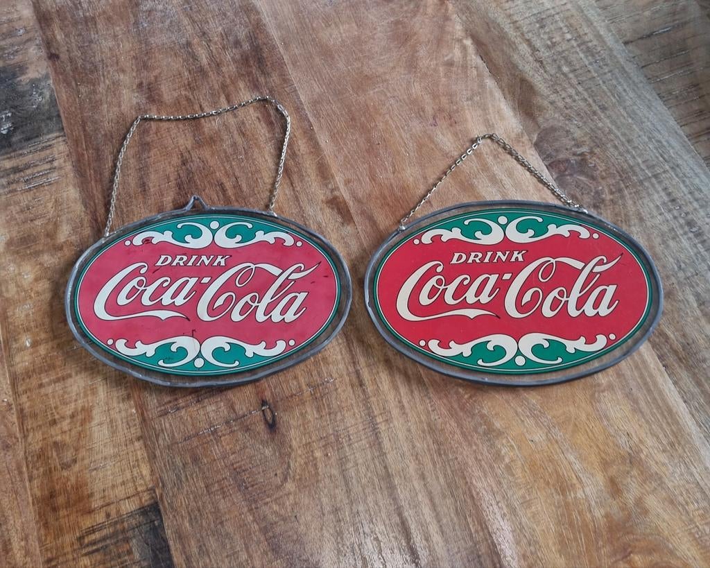 Coca Cola glas in lood reclameborden (set van 2), Ophalen of Verzenden, Gebruikt, Reclamebord