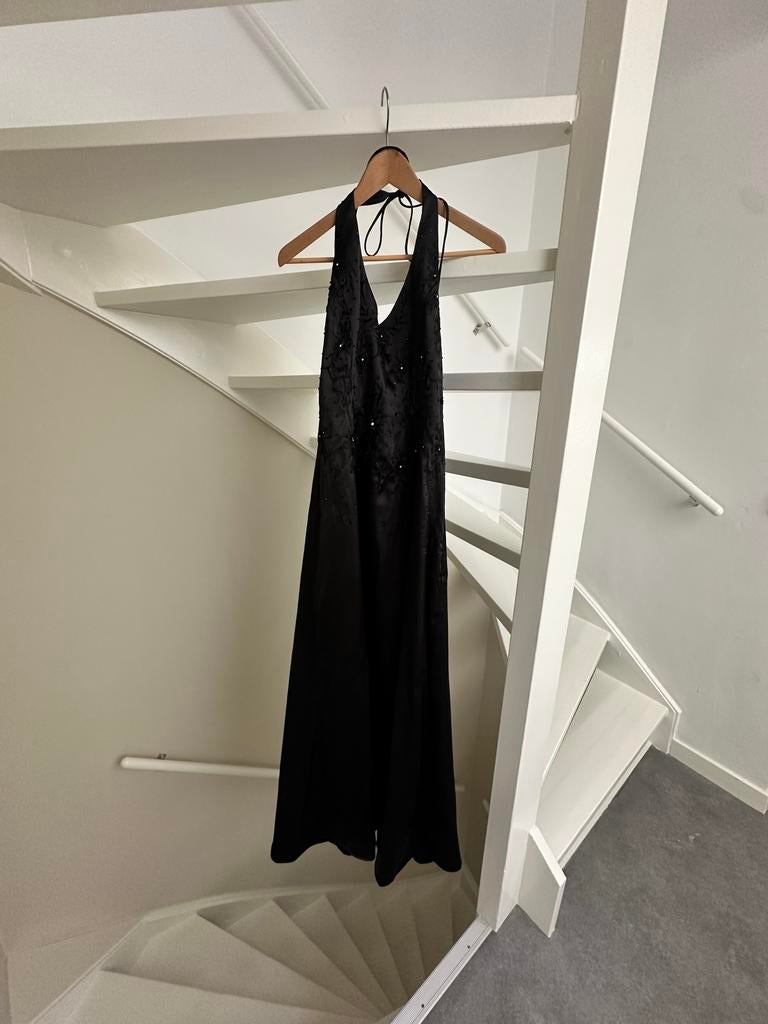 Zwarte satijnen galajurk Lissa Paris, Maat 38/40 (M), Zwart, Ophalen of Verzenden, Zo goed als nieuw