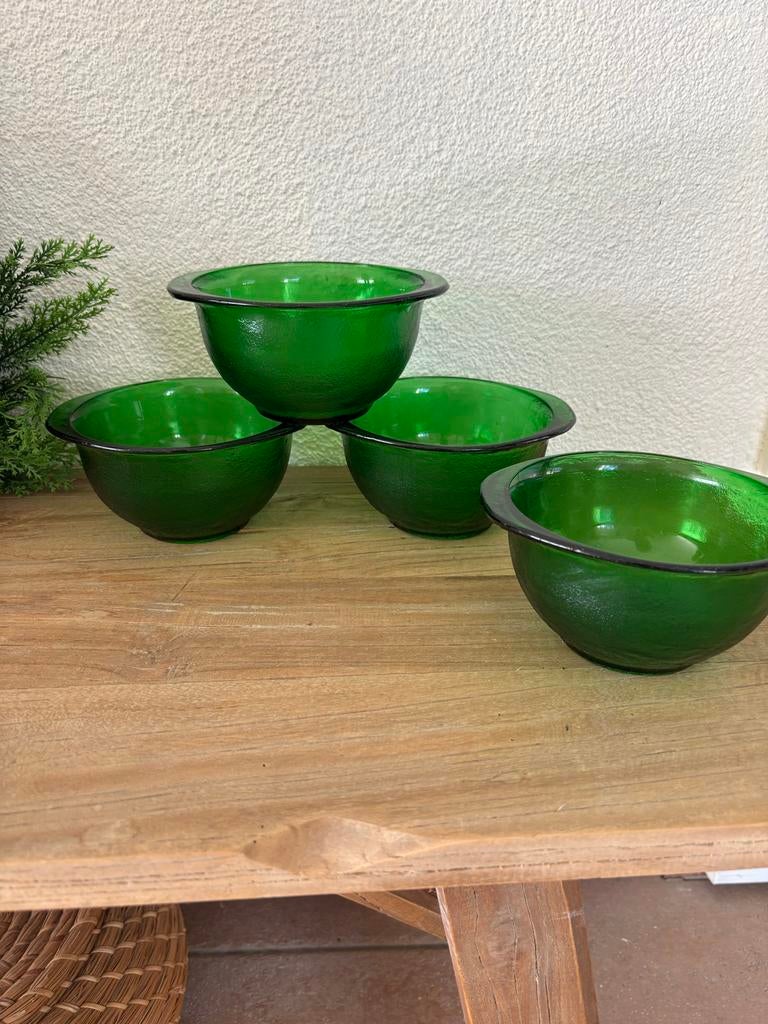 4 groene Arcoroc sierra soepkommen, Gebruikt, Ophalen of Verzenden, Glas, Kom(men)