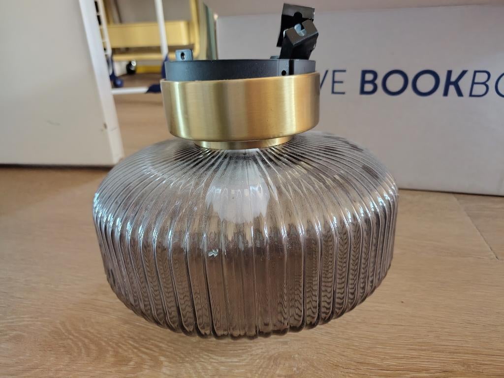 SOLKLINT Plafondlamp, messing/grijs helder glas, 27 cm, Ophalen of Verzenden, Zo goed als nieuw, Glas