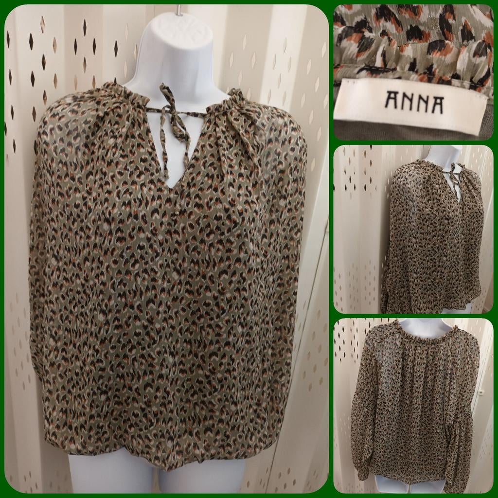 ANNA mosgroene v-hals damesblouse met panterprint M, Maat 38/40 (M), Bruin, Anna, Ophalen of Verzenden