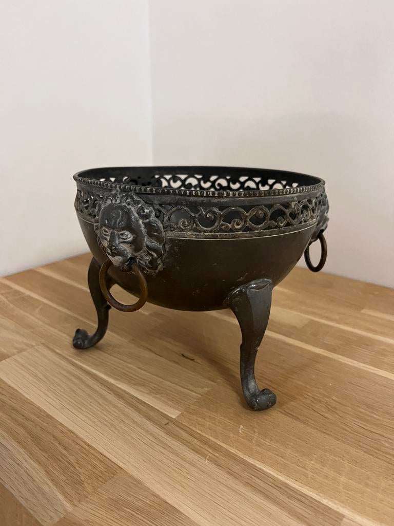 Vintage antieke fruitschaal Tin metaal op pootjes, Ophalen of Verzenden