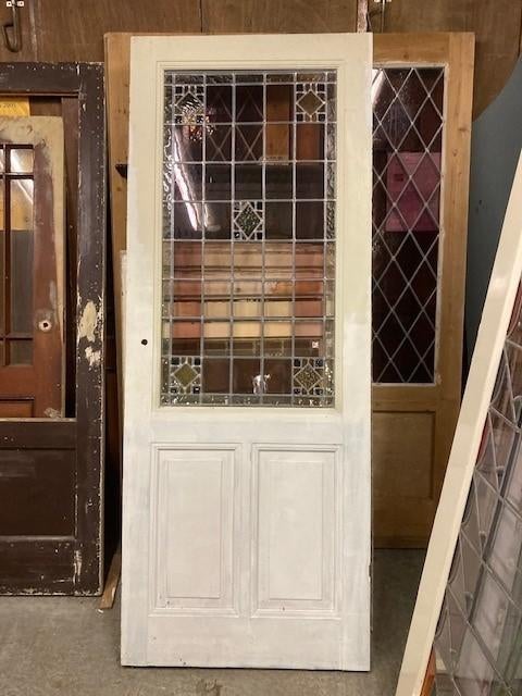 Set antieke grenen tochtdeur+3-ramen, glas-in-lood € 795,00